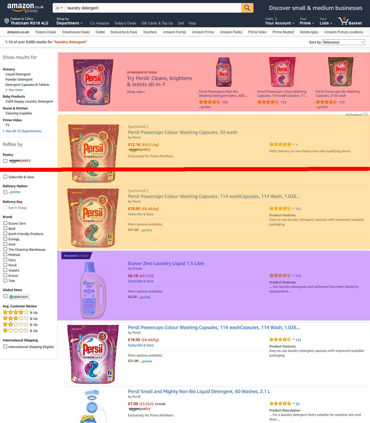 Amazon Advertising on search results page for laundry detergent
