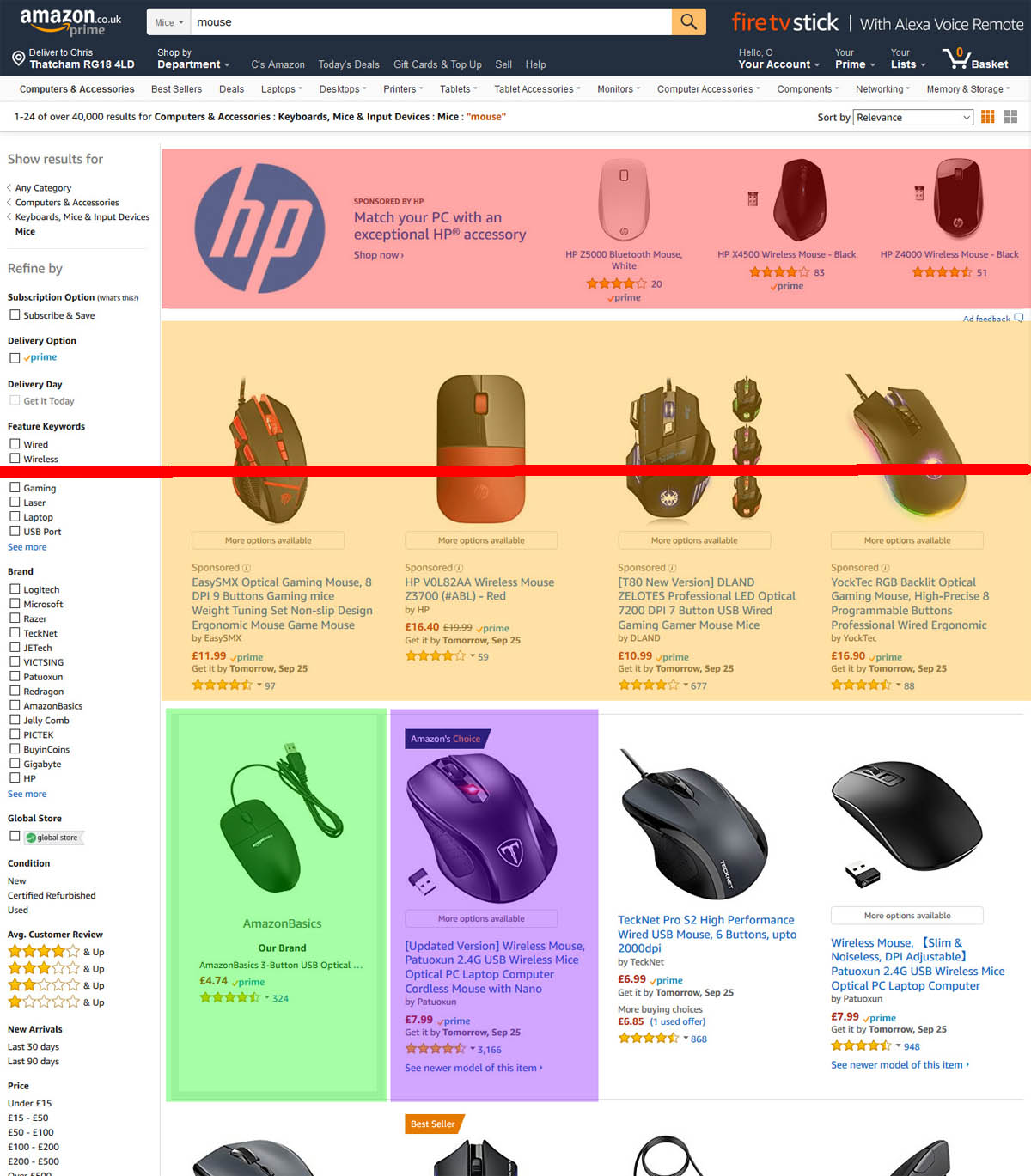 Amazon Advertising on search results page for mouse showing Amazon Own Brands