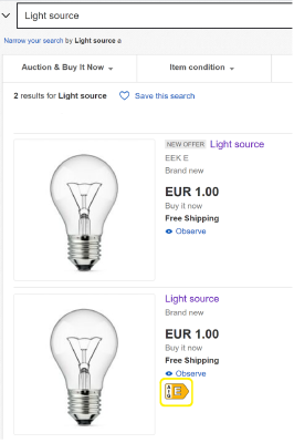 Light sources energy consumption information in search results