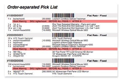 Order Separated Pick List