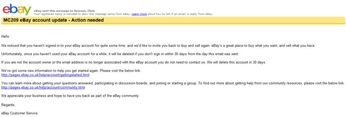 eBay Close Account email