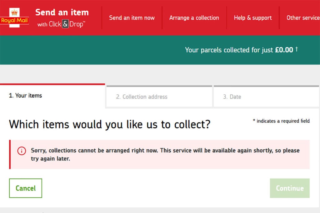 Royal Mail Click and Drop Collections Failure