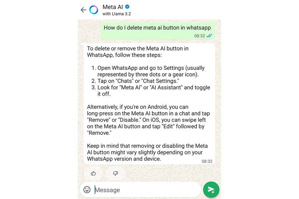 Meta AI on WhatsApp can't be disabled