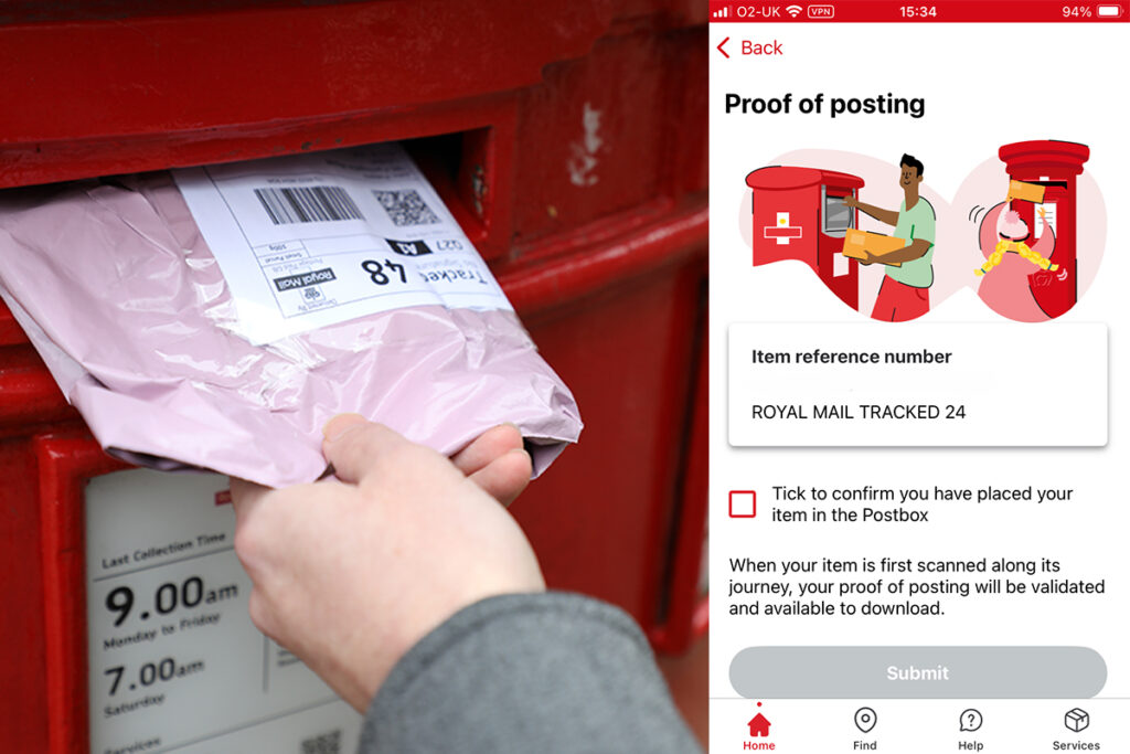New! Royal Mail proof of posting at UK postboxes