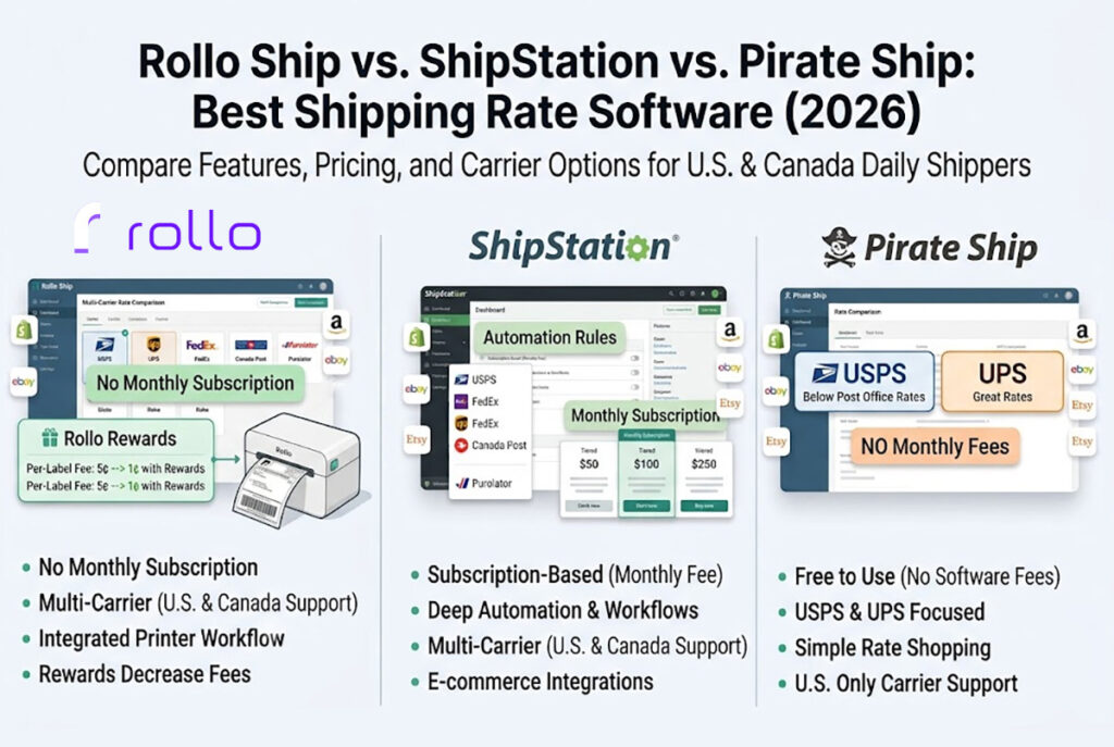 Rollo Ship vs. ShipStation vs. Pirate Ship: Best Shipping Rate Software (2026)