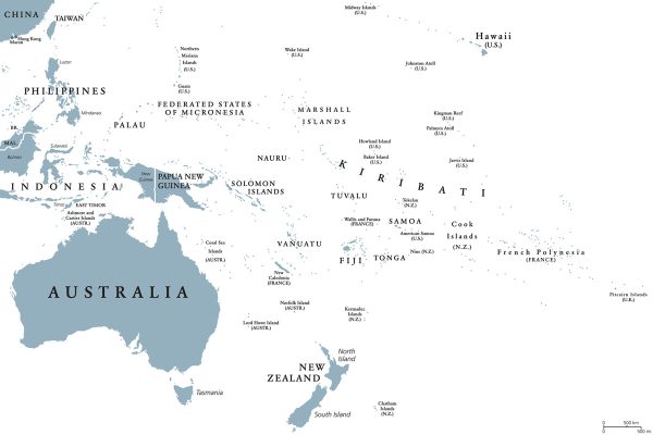 Oceania political map with countries. English labeling. Region,