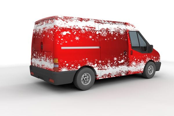 3d,Render,Of,A,Christmas,Delivery,Van,Isolated,On,White